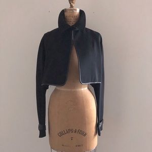 Seoul Collection] Black Wool Leather trim Cropped Trench Poncho Jacket